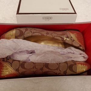 Coach brown khaki and gold sequin flat shoes